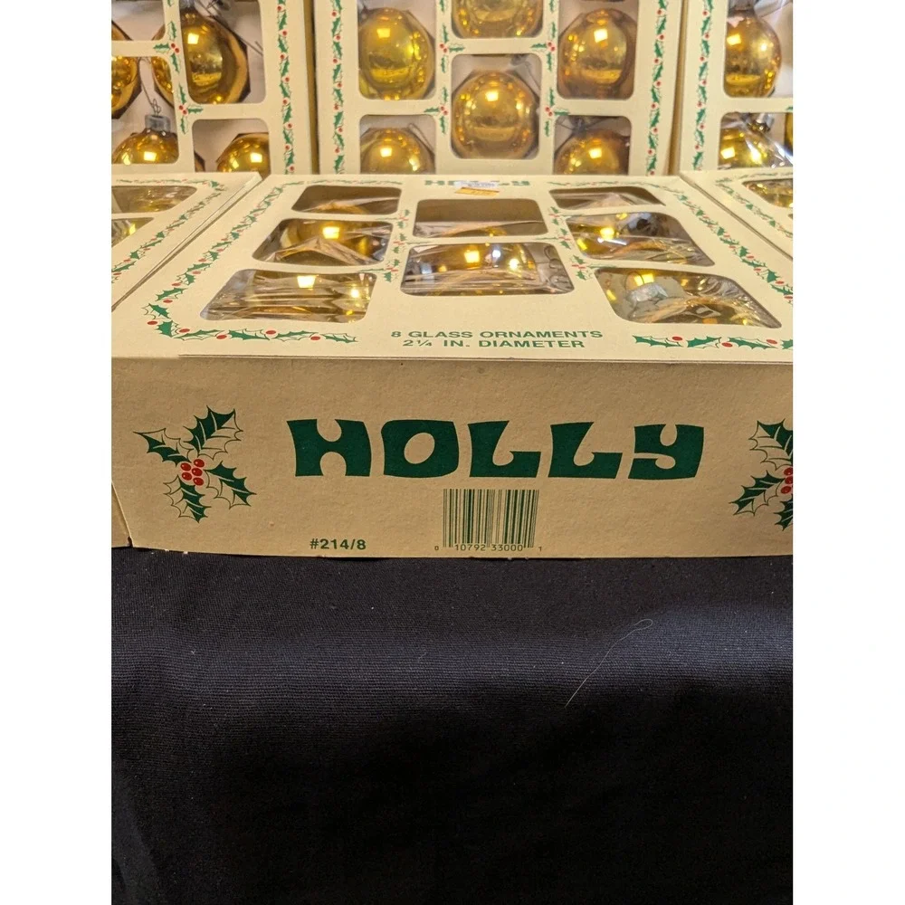 Holly Glass Christmas Ornaments Gold Round Ball 2.25in Set of 6 Boxes 48 Total